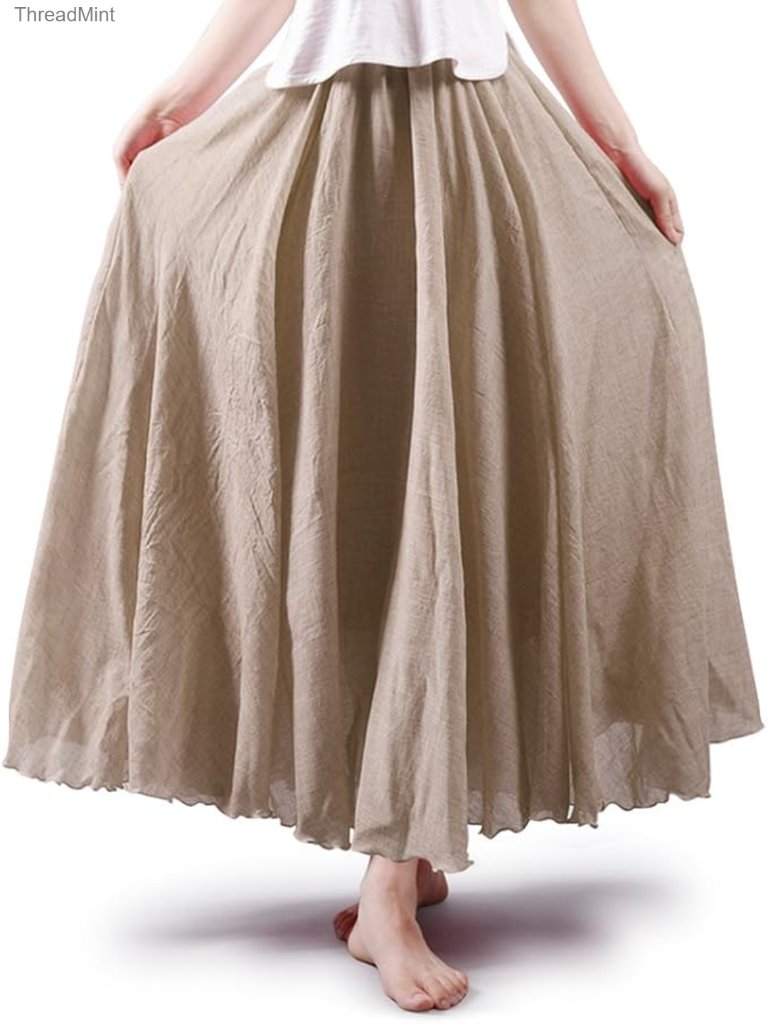Women's Boho Maxi Skirt Cotton Linen Flowy A-Line Full Skirt